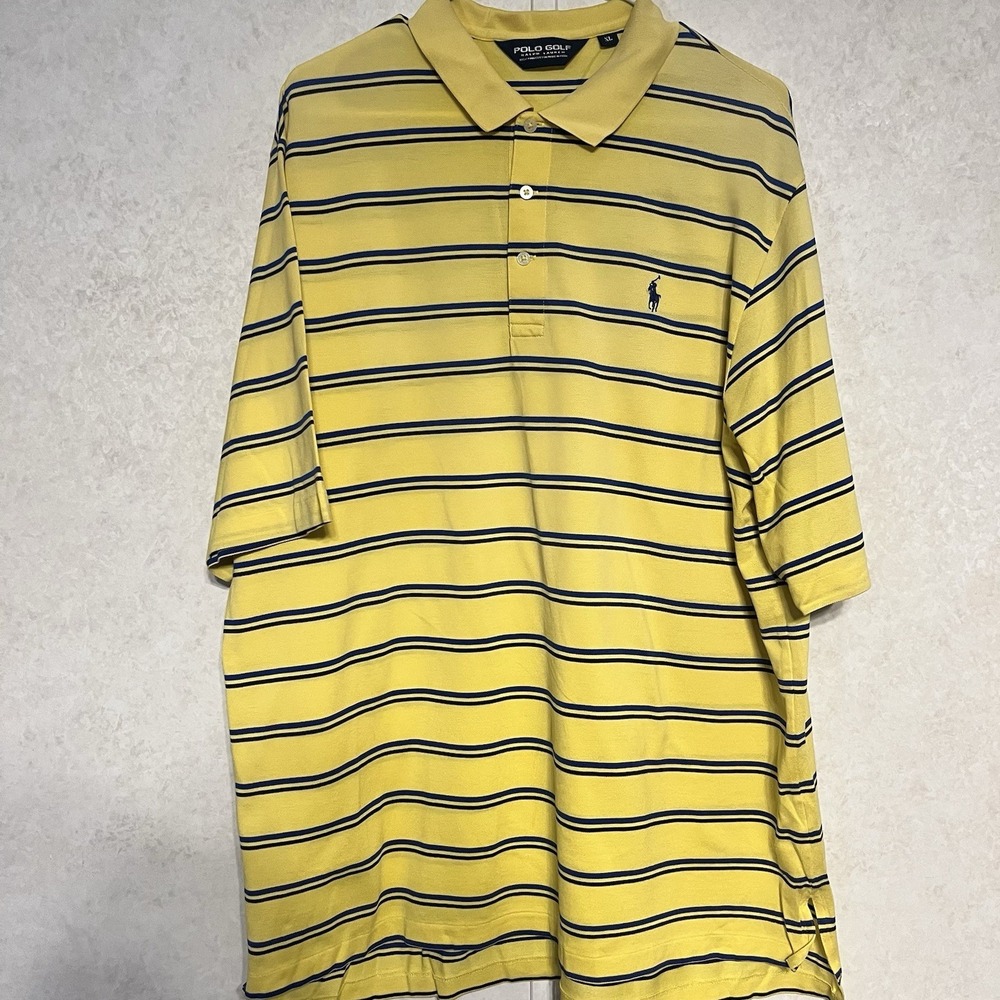 Polo Ralph Lauren Polo Golf Shirt Men XL Yellow Short Sleeve Blue Striped‎